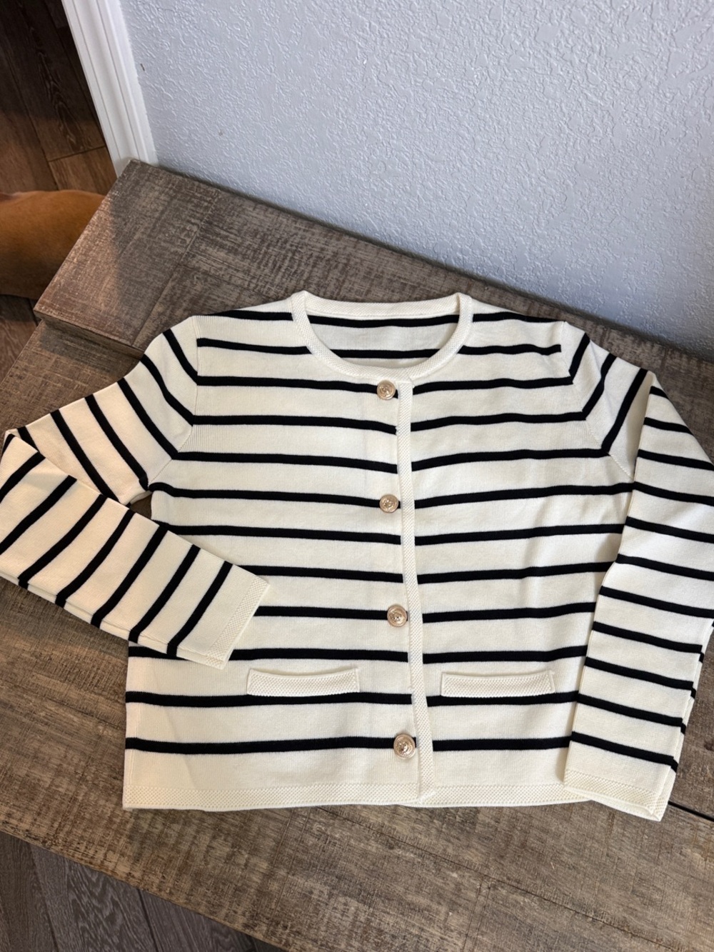 Classic Black & Cream Striped Button-Front Women's Sweater